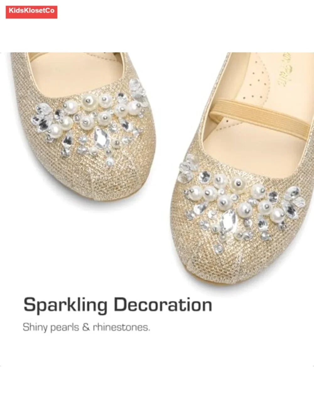 Girls Ballet Flats with Pearls Rhinestones Elastic Strap Dress Shoes